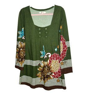 Aryeh Womens Sweater Dress Tunic Size Large Green Floral Buttons Knit Mini